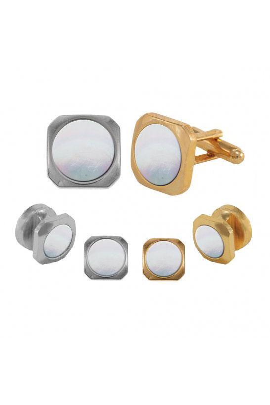 Pioneer Mother of Pearl Cushion Cut Studs and Cufflinks Set