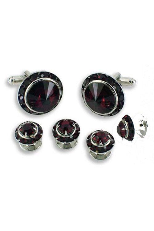 Classix Dark Ruby Crystal Black Rhinestones Border Studs and Cufflinks Set