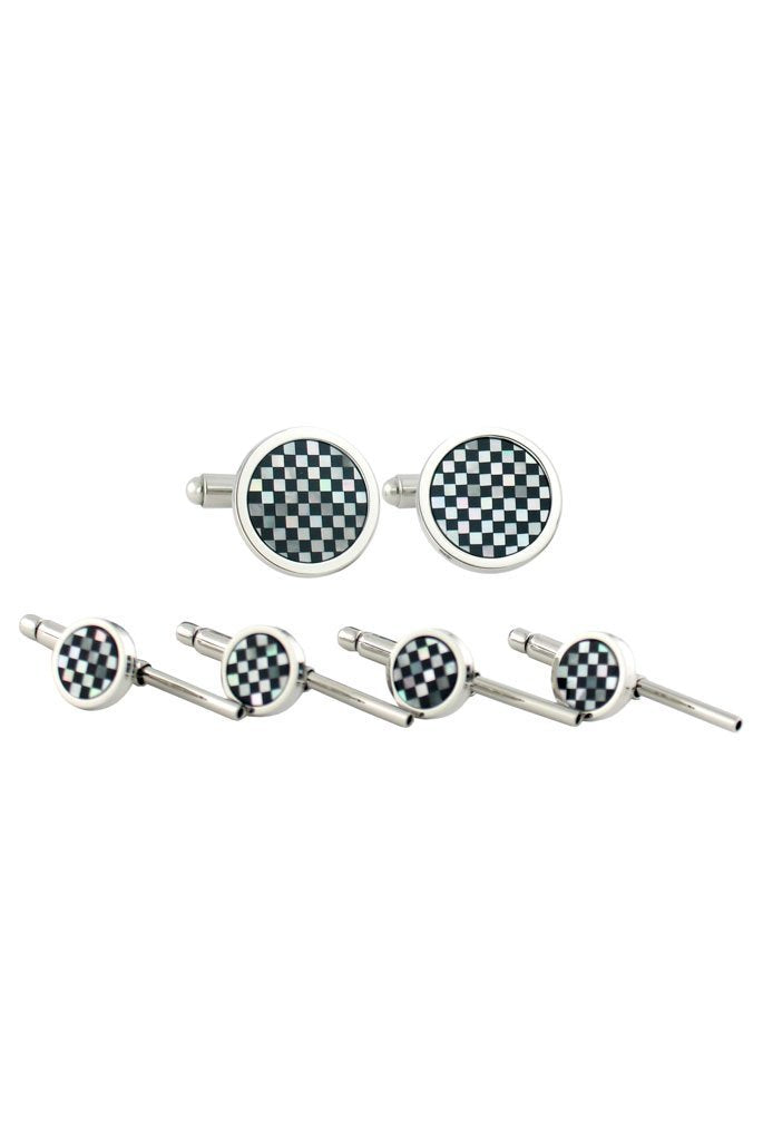 David Donahue Sterling Silver Onyx & Mother of Pearl Studs & Cufflinks Set