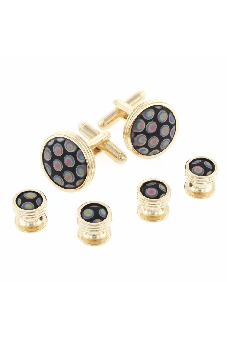 JJ Weston Black Peacock Gold Studs and Cufflinks Set