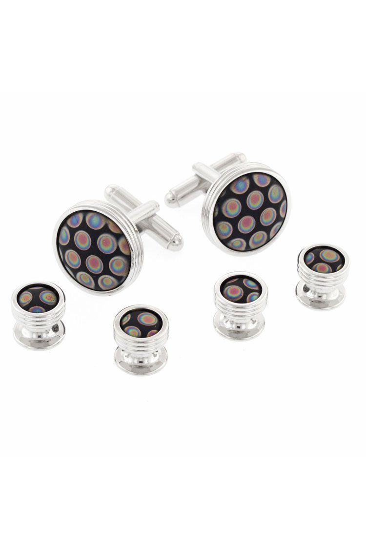 JJ Weston Black Peacock Silver Studs and Cufflinks Set