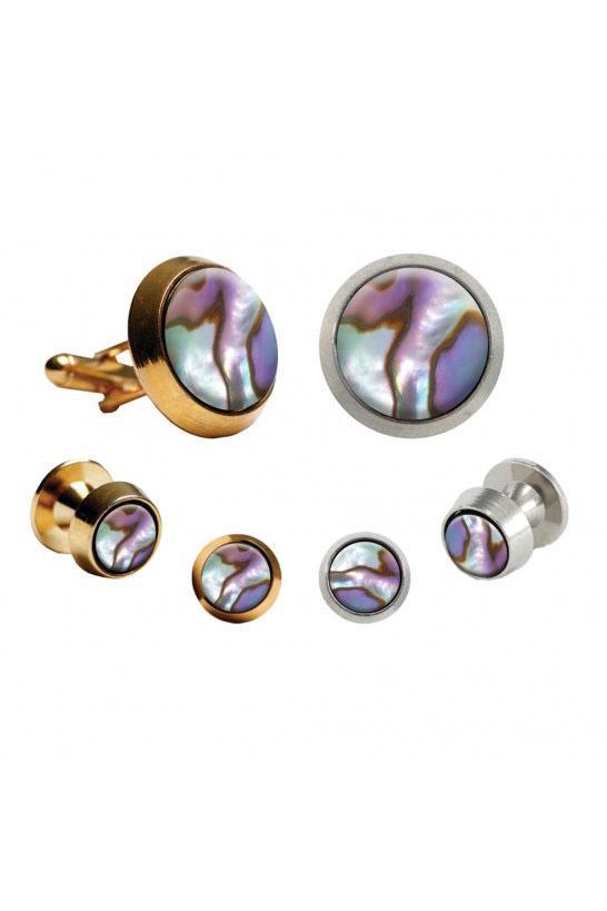 Pioneer Abalone Round Beveled Edge Studs and Cufflinks Set