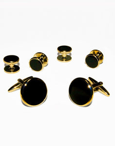 Classic Collection Black Circular Enamel in Gold Setting Studs & Cufflinks Set