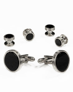 Cristoforo Cardi Black Circular Onyx with Silver Concentric Circles Studs and Cufflinks Set