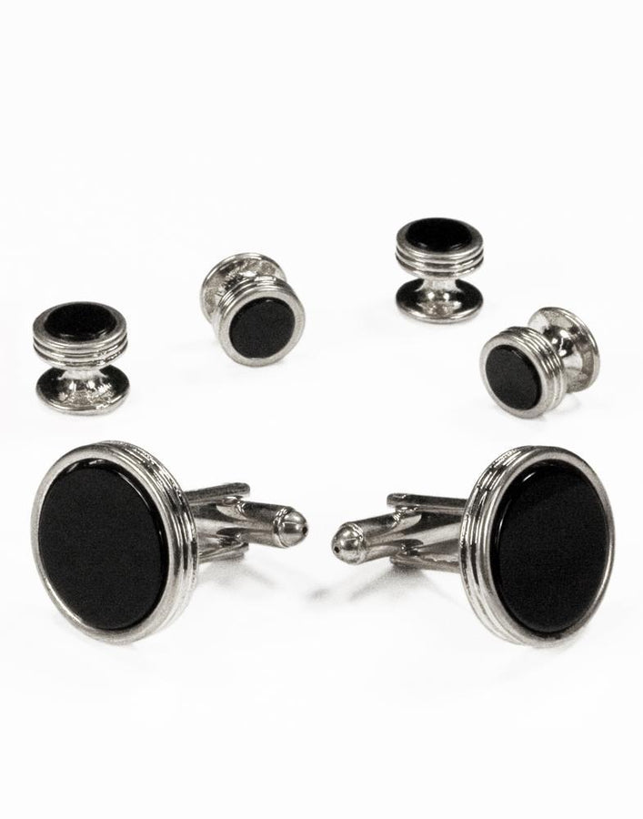 Cristoforo Cardi Black Circular Onyx with Silver Concentric Circles Studs and Cufflinks Set