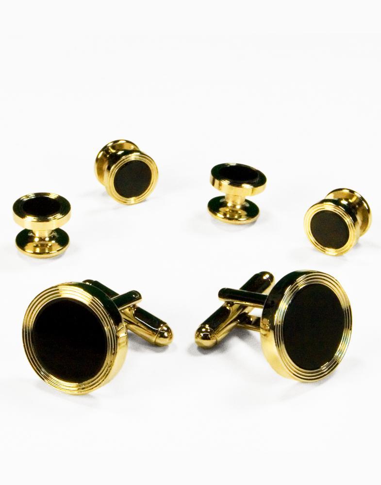 Cristoforo Cardi Black Circular Onyx with Gold Edge Concentric Circles Studs and Cufflinks Set