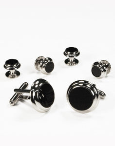 Cristoforo Cardi Black Circular Onyx with Silver Double Edge Concentric Circles Studs and Cufflinks Set