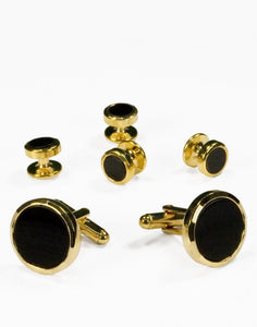 Cristoforo Cardi Black Circular Onyx with Gold Facet Cut Edge Studs and Cufflinks Set