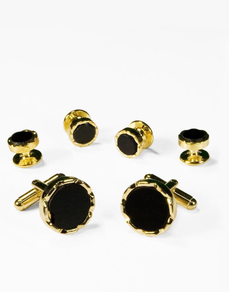 Cristoforo Cardi Black Circular Onyx with Gold Diamond Cut Edge Studs and Cufflinks Set