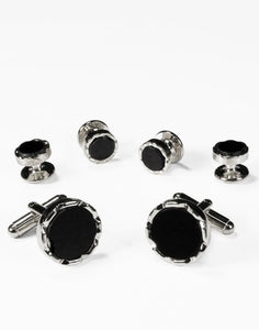 Cristoforo Cardi Black Circular Onyx with Diamond Cut Edge Studs and Cufflinks Set