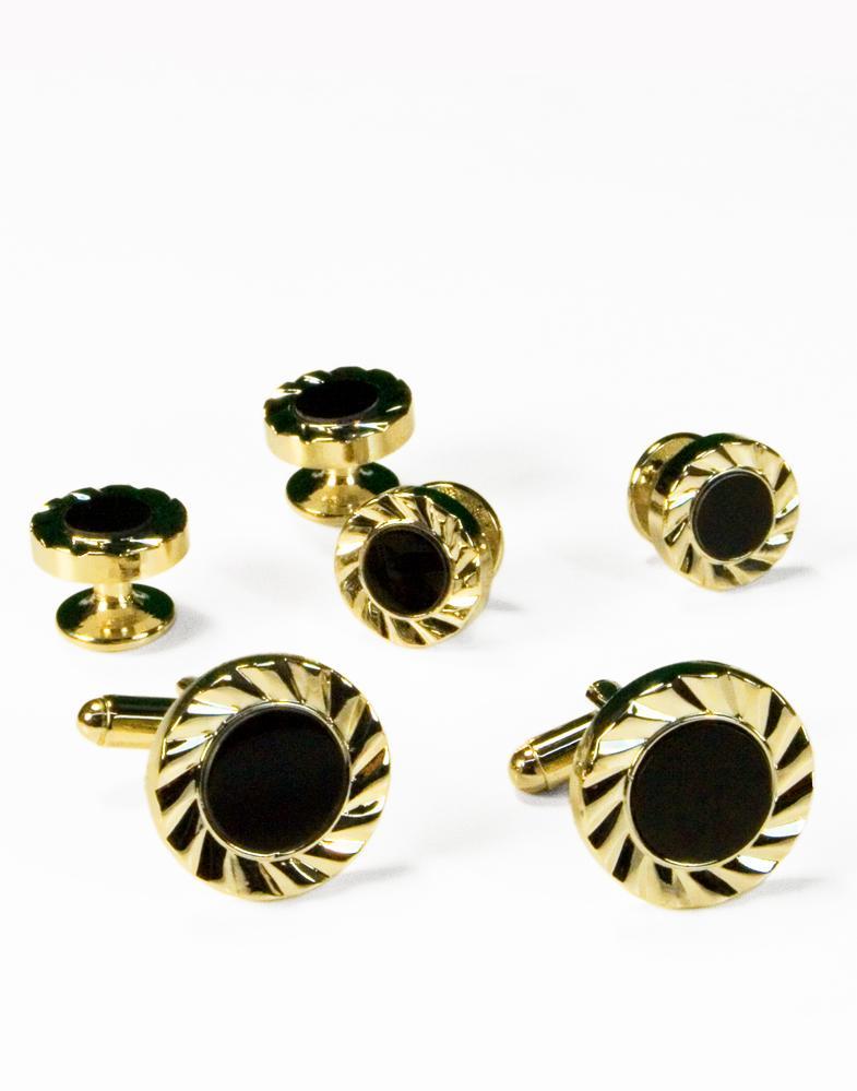 Cristoforo Cardi Black Circular Onyx with Gold Fan Cut Edge Studs and Cufflinks Set