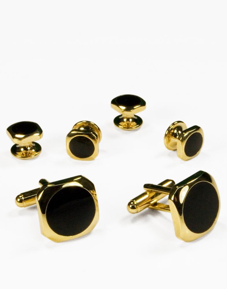 Cristoforo Cardi Black Circular Onyx with Gold Octagon Edge Studs and Cufflinks Set