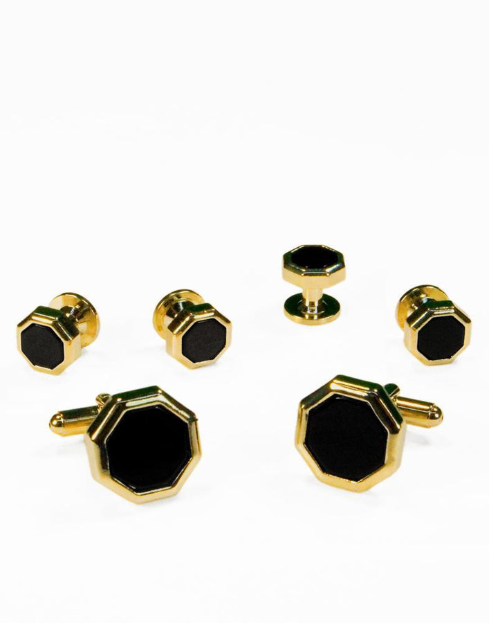 Cristoforo Cardi Black Octagon Onyx with Gold Edge Studs and Cufflinks Set
