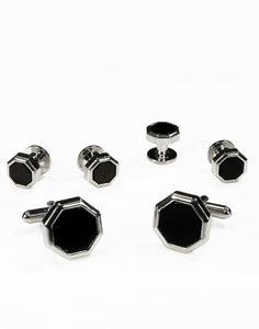 Cristoforo Cardi Black Octagon Onyx with Silver Edge Studs and Cufflinks Set