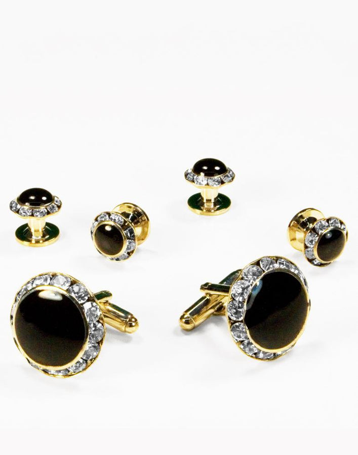 Cristoforo Cardi Black Circular Enamel with Rhinestones Gold Edge Studs and Cufflinks Set