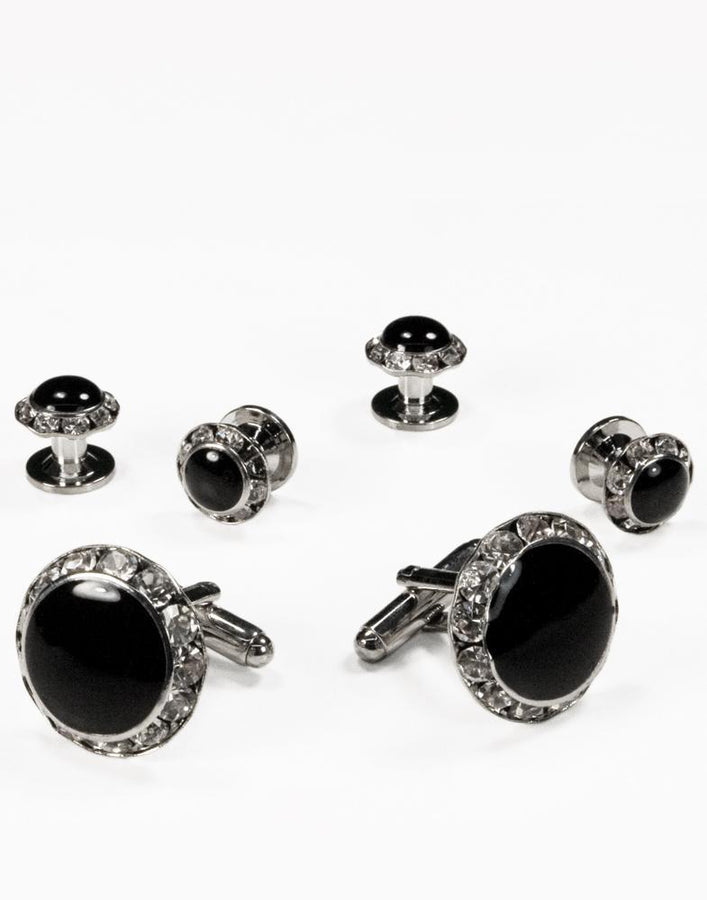 Cristoforo Cardi Black Circular Enamel with Rhinestones Silver Edge Studs and Cufflinks Set