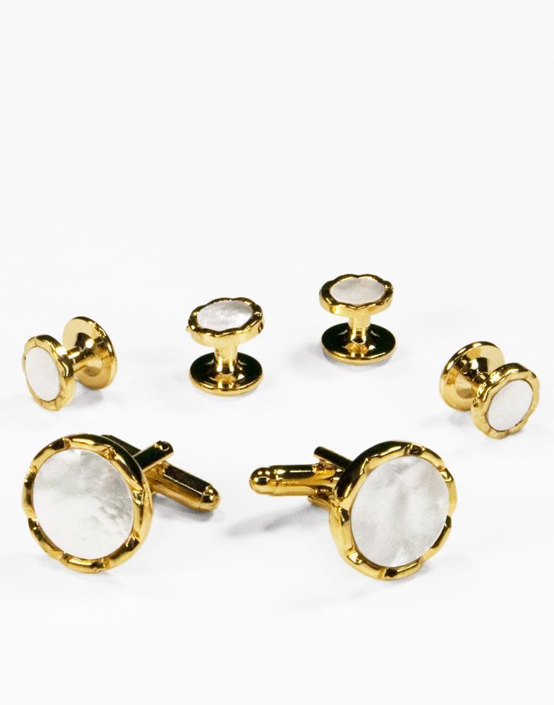 Cristoforo Cardi White Circular Mother of Pearl with Gold Diamond Cut Edge Studs and Cufflinks Set