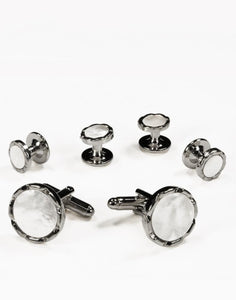 Cristoforo Cardi White Circular Mother of Pearl with Silver Diamond Cut Edge Studs and Cufflinks Set