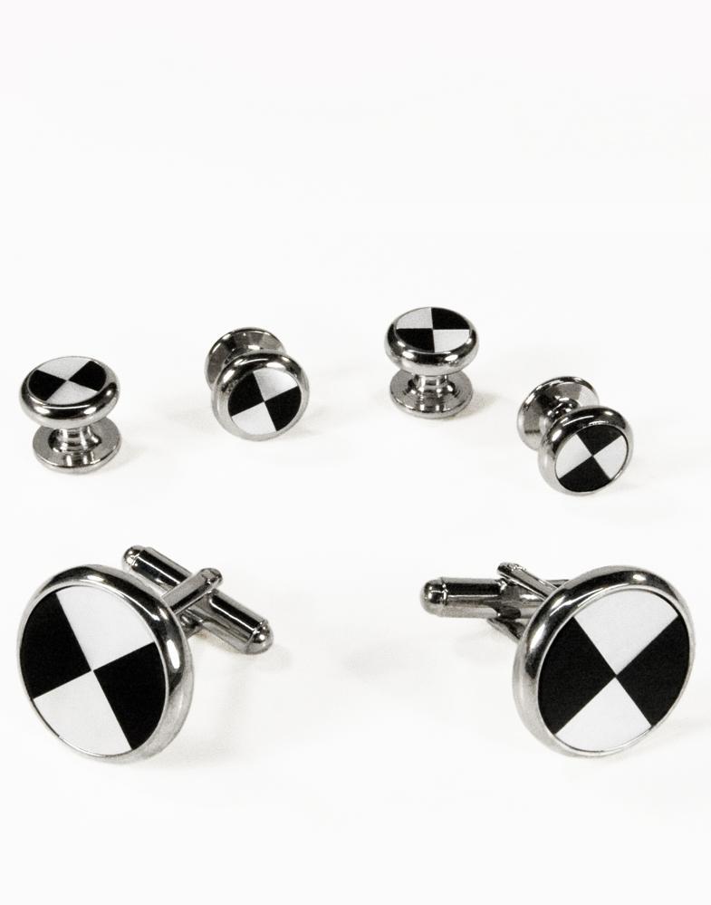 Cristoforo Cardi Black & White Circular Onyx and Mother of Pearl Triangles with Silver Trim Studs and Cufflinks Set