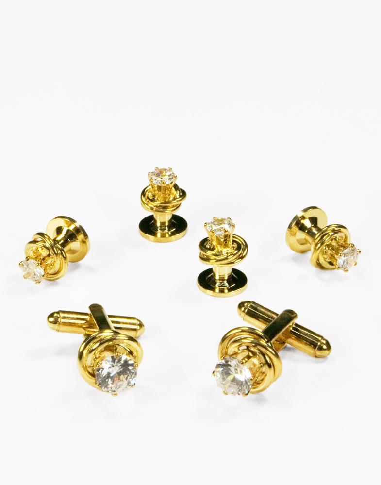 Cristoforo Cardi Crystal in Gold Loveknot Studs and Cufflinks Set