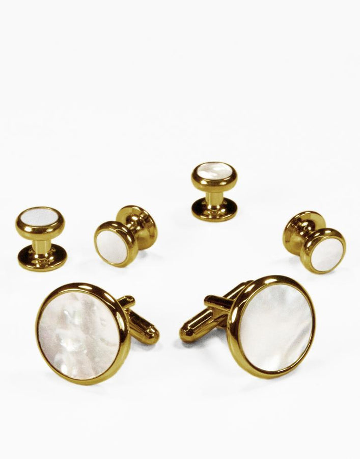 Cristoforo Cardi White Mother of Pearl in Gold Setting Studs & Cufflinks Set