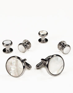 Cristoforo Cardi White Mother of Pearl in Silver Setting Studs & Cufflinks Set