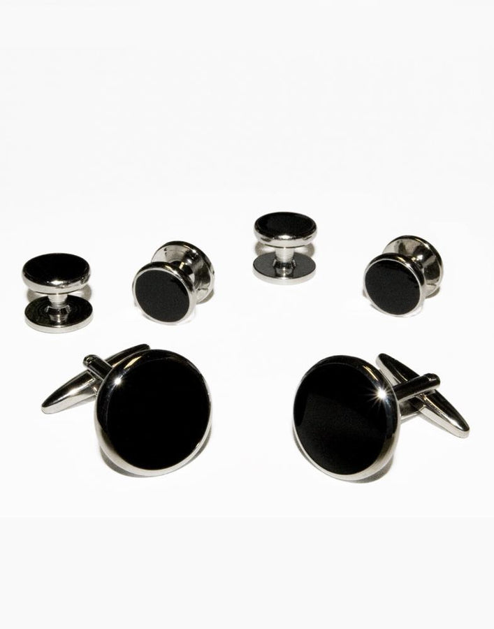Cristoforo Cardi Black Circular Onyx with Silver Trim Studs and Cufflinks Set