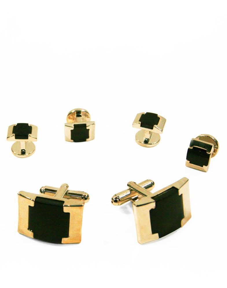 Cristoforo Cardi Black Watch Link Onyx with Gold Edge Studs and Cufflinks Set
