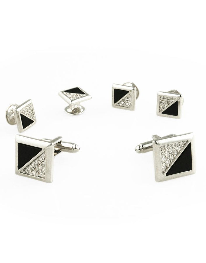 Cristoforo Cardi Black Onyx & Cubic Zirconia Triangles with Silver Edge Studs and Cufflinks Set