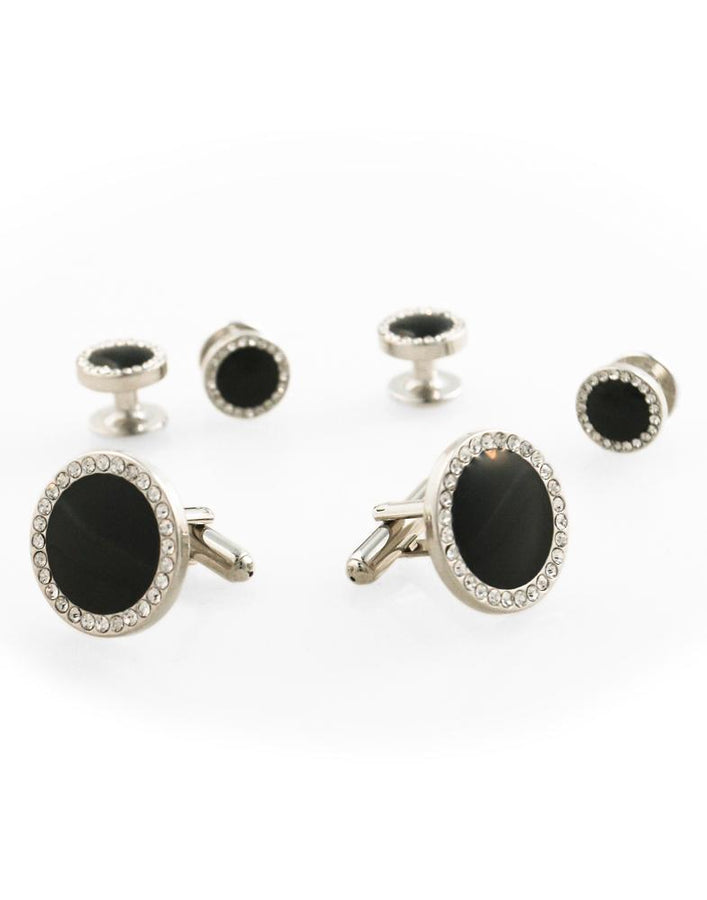 Cristoforo Cardi Black Circular Enamel with CZ Border Silver Edge Studs and Cufflinks Set