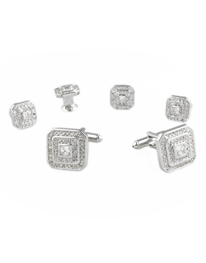 Cristoforo Cardi Square CZ with Silver Trim Studs and Cufflinks Set