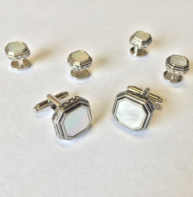 Cristoforo Cardi White Octagon Mother of Pearl with Antique Silver Edge Studs and Cufflinks Set
